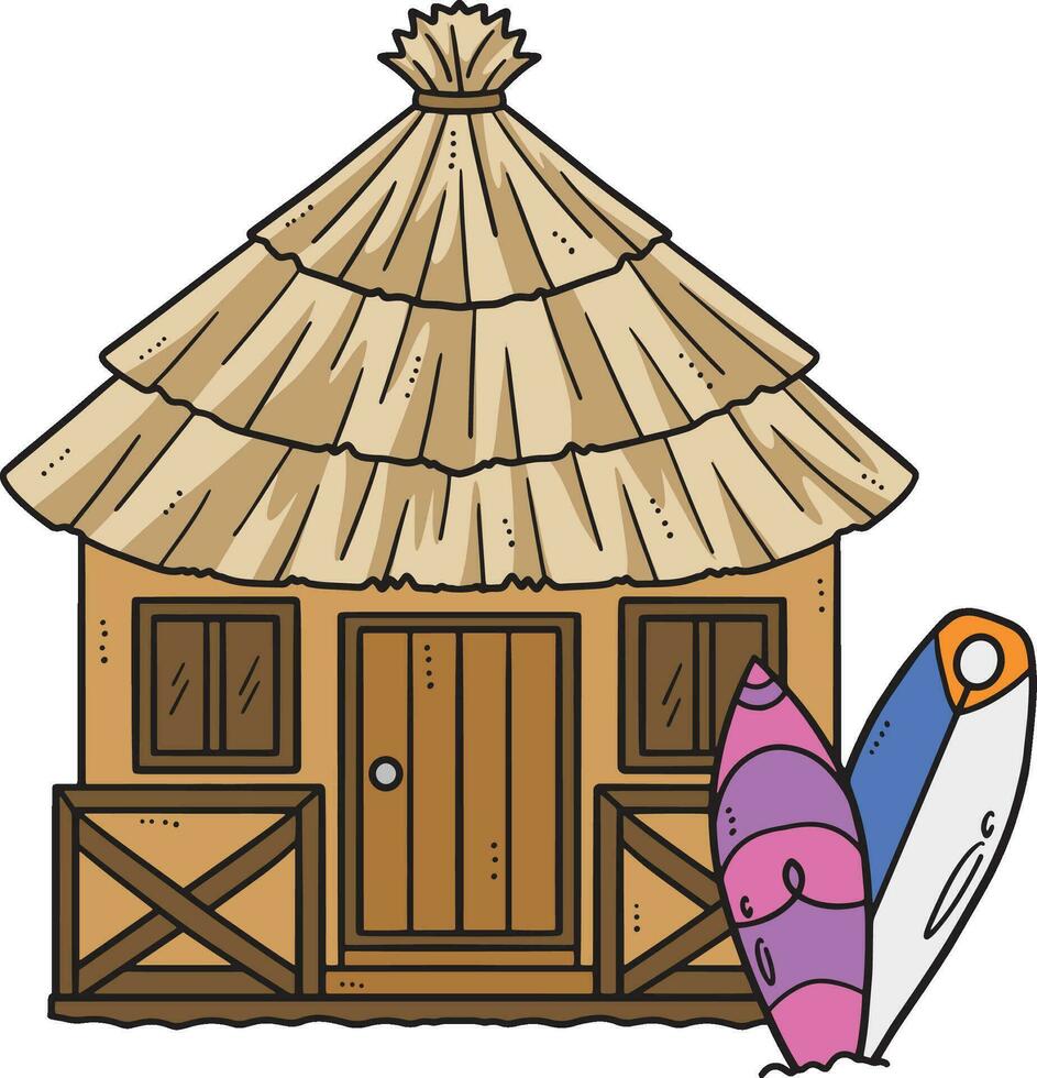 Tropical Hut with Surf Board Cartoon Clipart vector