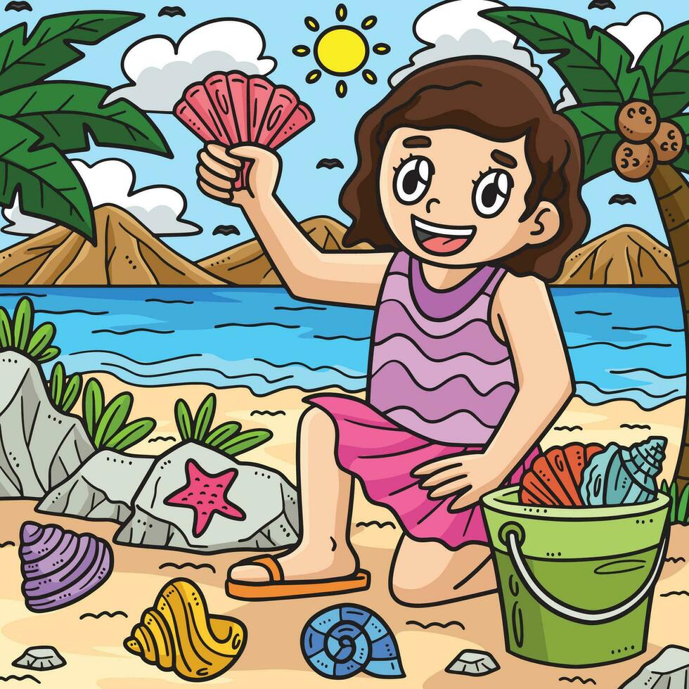 verano niño coleccionar mar conchas de colores dibujos animados vector