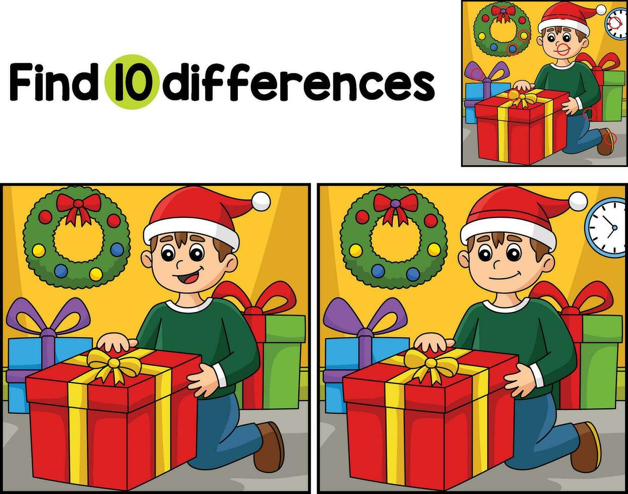 Christmas Boy Opening Gift Find The Differences vector