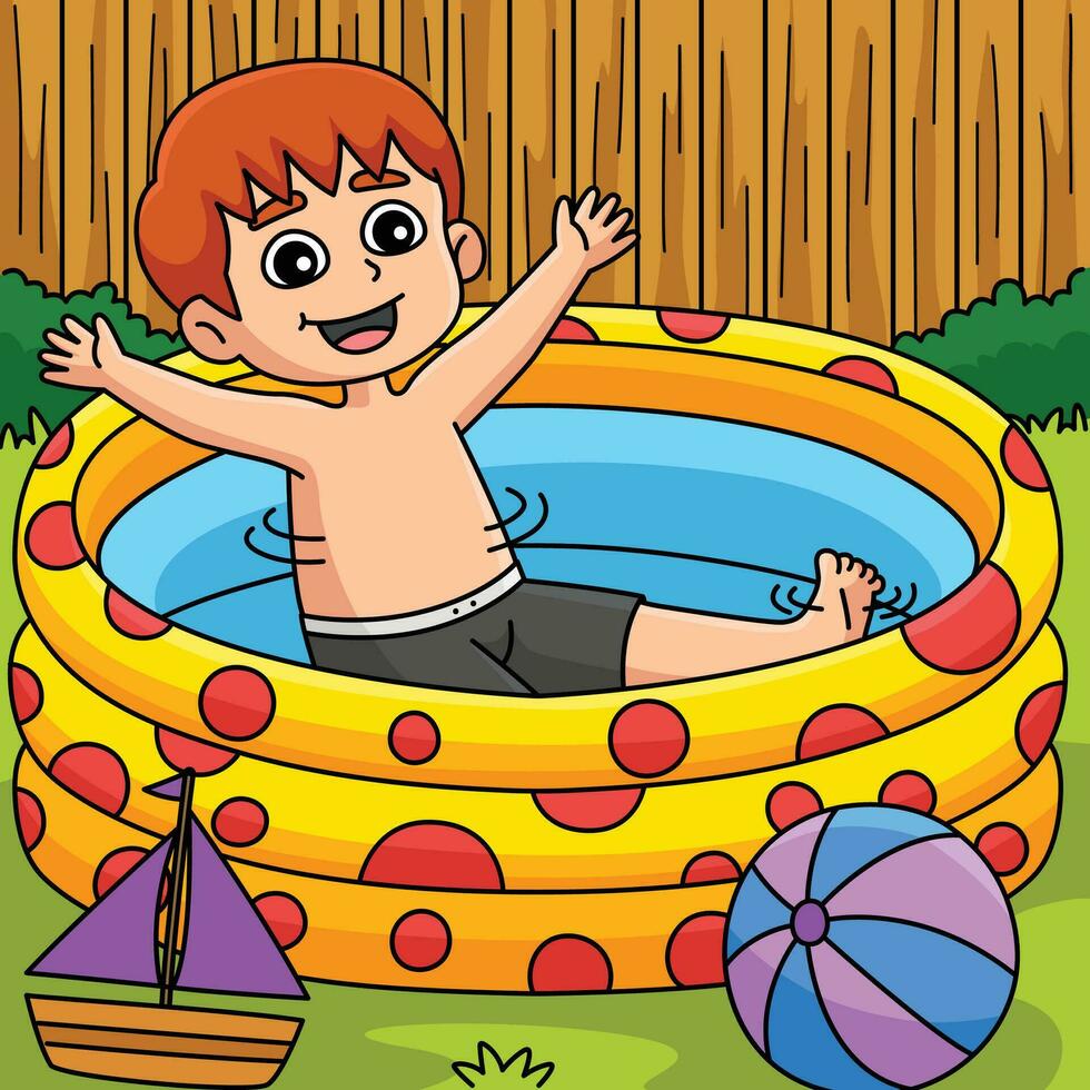 chico en nadando piscina verano de colores dibujos animados vector