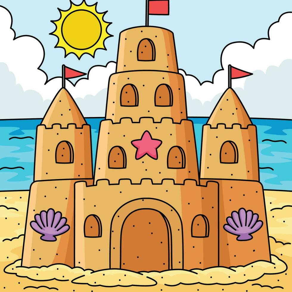 castillo de arena verano de colores dibujos animados ilustración vector