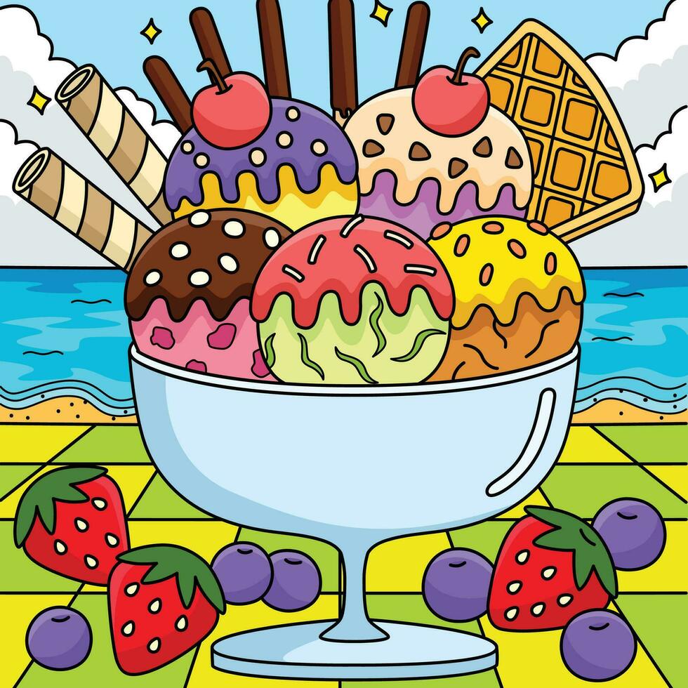 Ice Cream on the Beach Summer Colored Cartoon vector