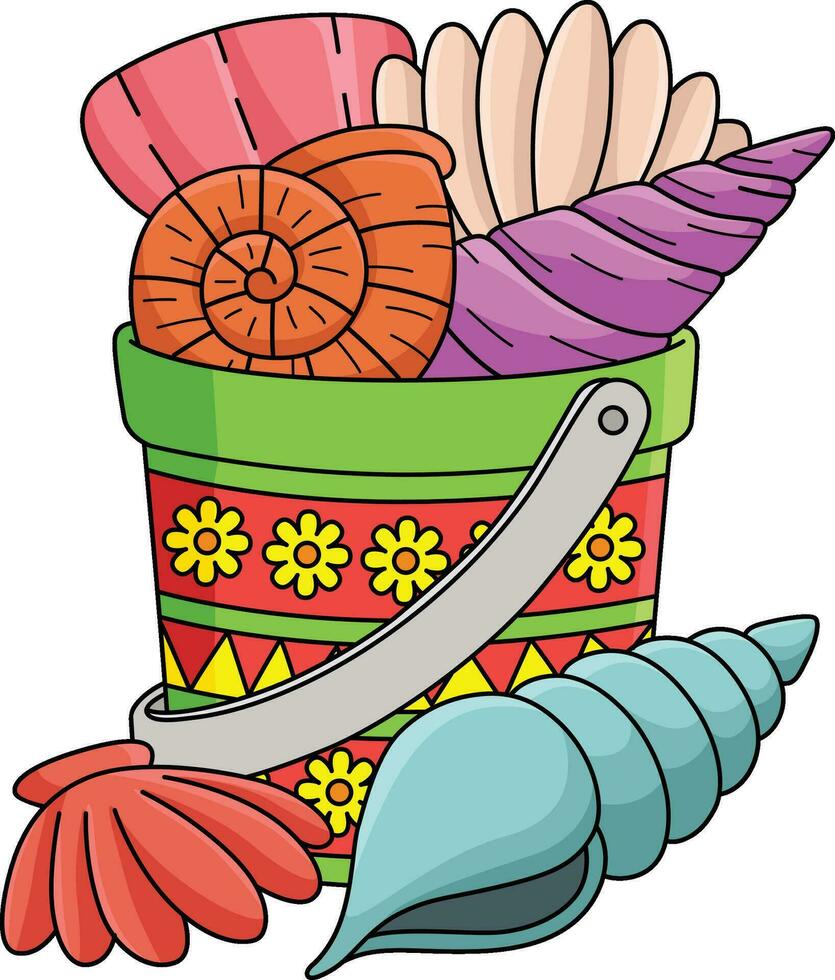Bucket of Seashells Summer Cartoon Colored Clipart vector