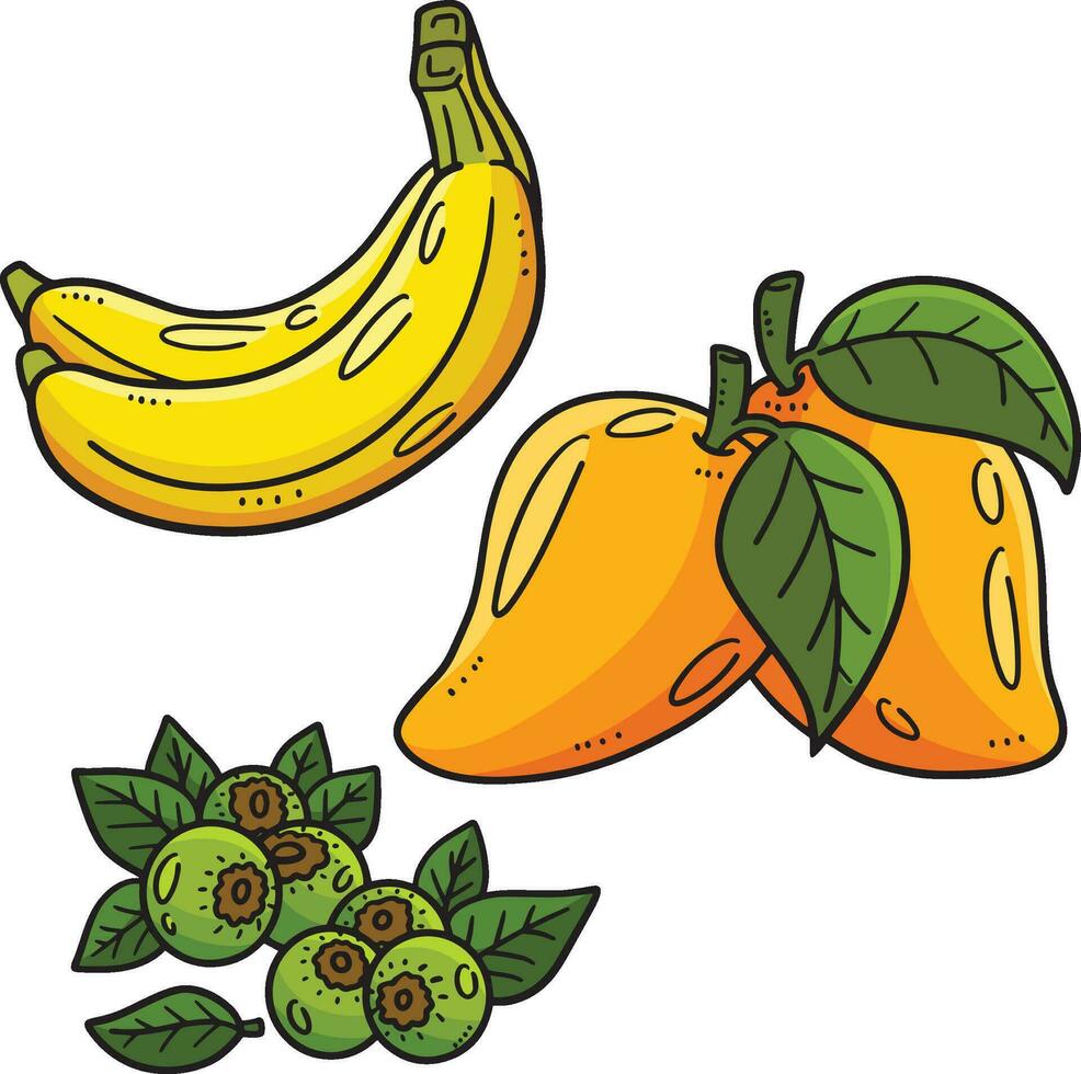 banana, mango arándano dibujos animados de colores clipart vector