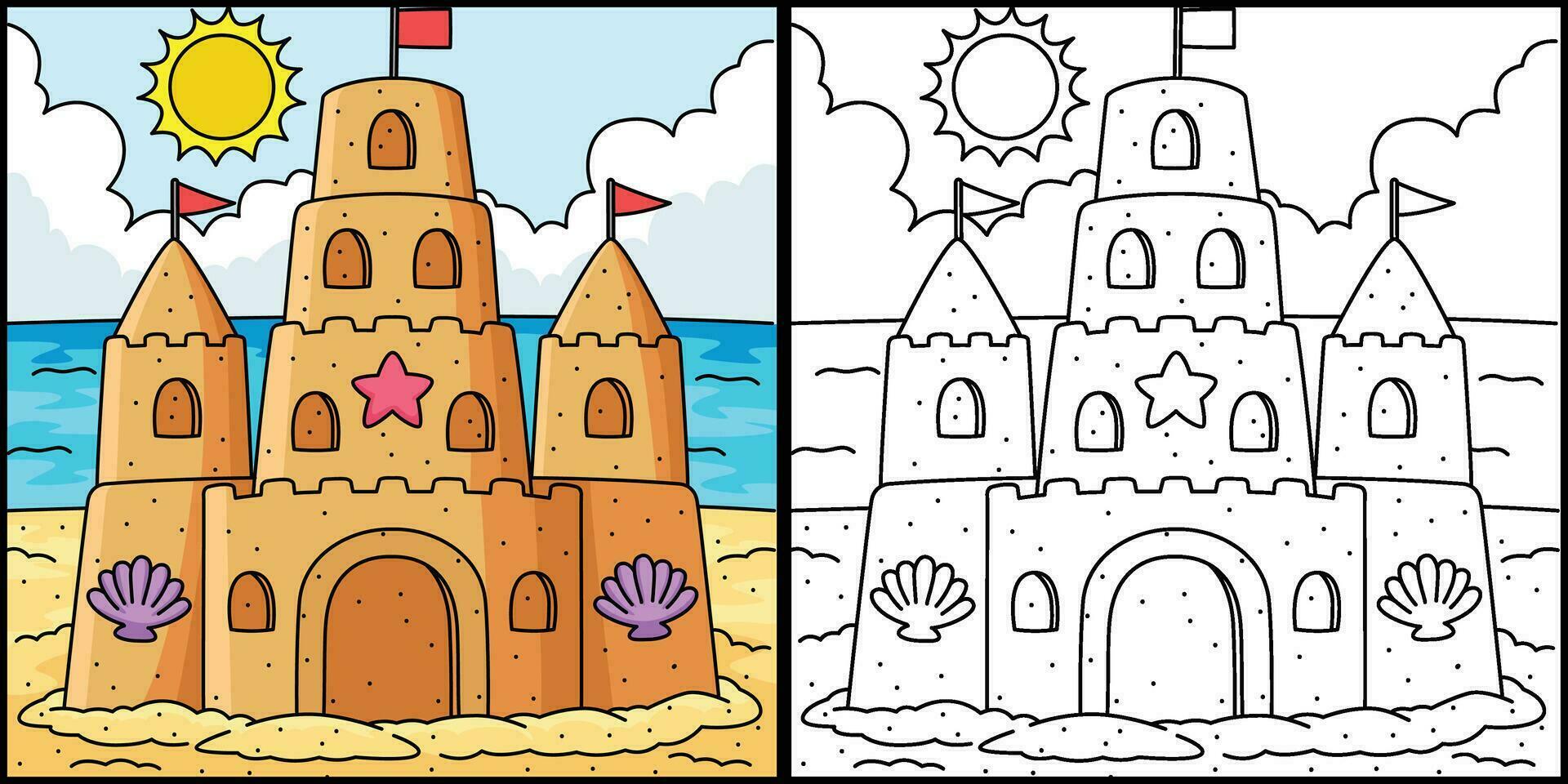 castillo de arena verano colorante página ilustración vector