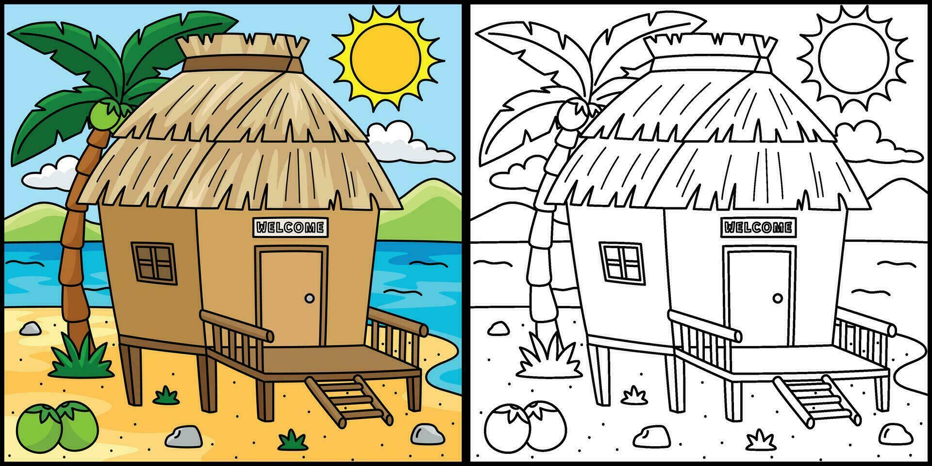Nipa Hut Summer Coloring Page Colored Illustration vector