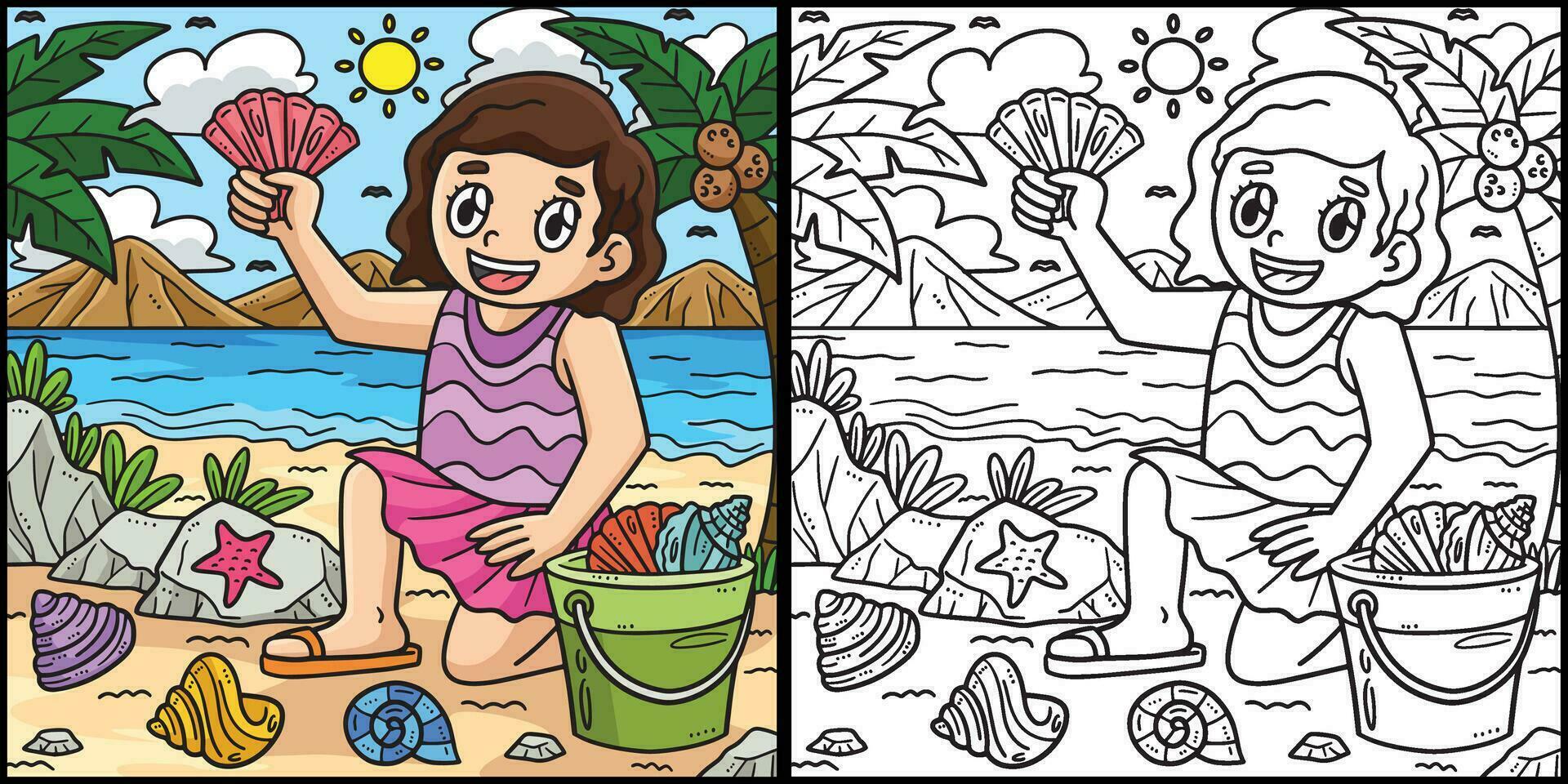 verano niño coleccionar mar conchas ilustración vector