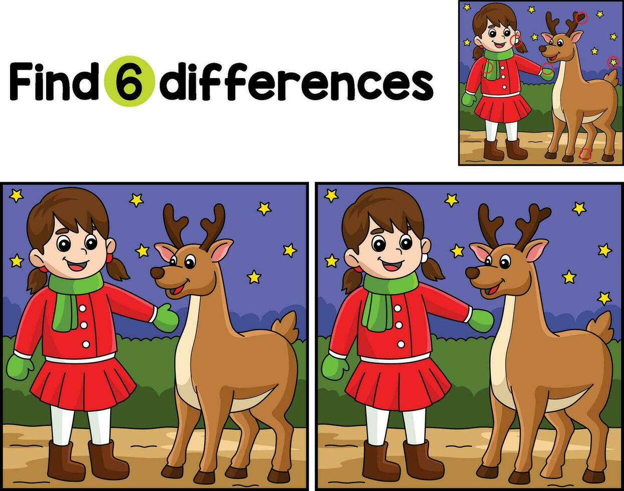 Christmas Girl And Reindeer Find The Differences vector