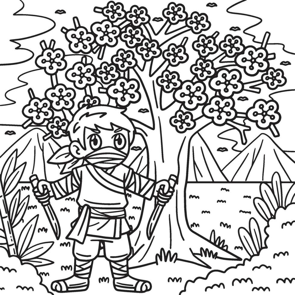 ninja debajo sakura árbol colorante página para niños vector