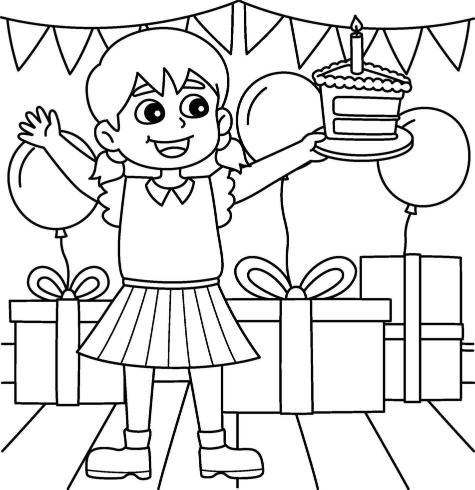 Girl Holding Happy Birthday Cake Coloring Page vector