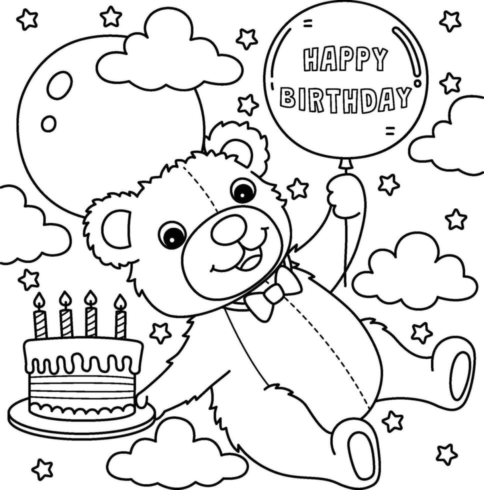 Happy Birthday Teddy Bear Coloring Page for Kids vector