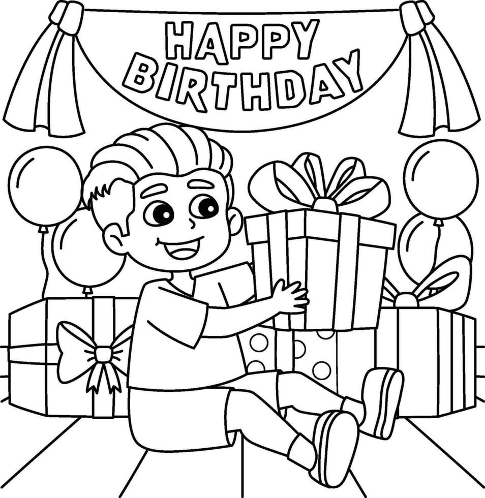 Boy with a Birthday Present Coloring Page for Kids vector