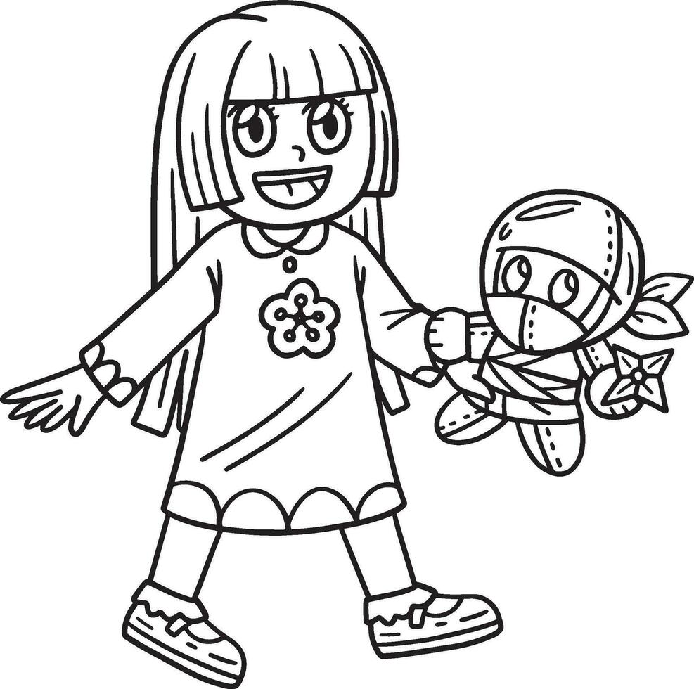 Child with Ninja Plushie Isolated Coloring Page vector