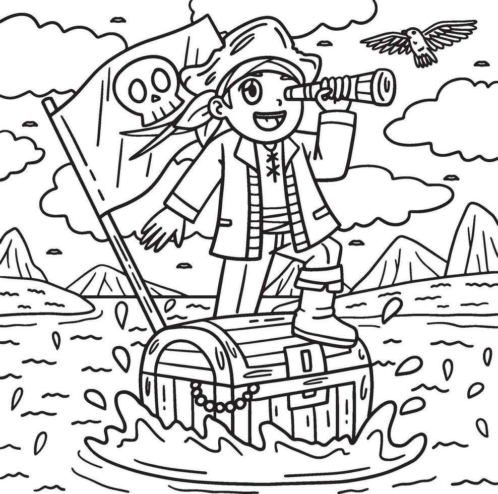 Pirate and Chest Floating Over Sea Coloring Page vector