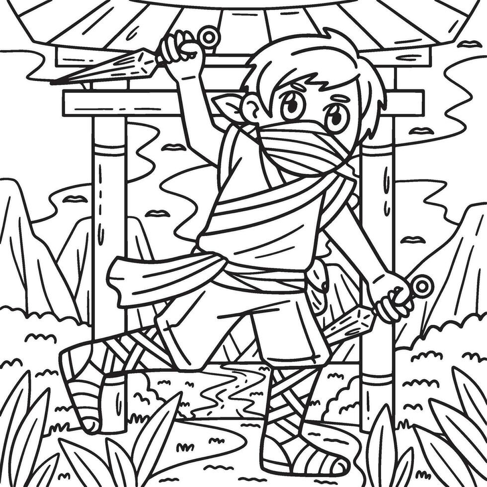 ninja con kunai colorante página para niños vector