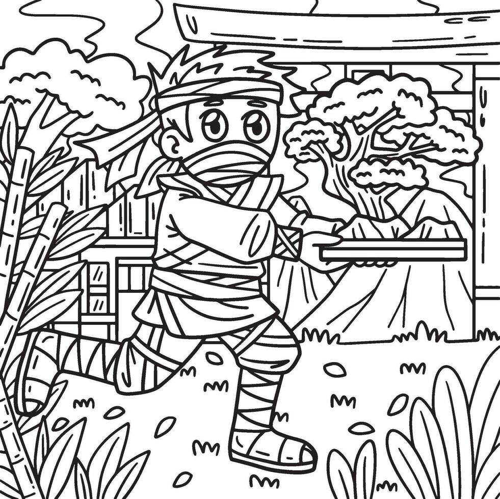 Ninja Carrying Bonsai Coloring Page for Kids vector