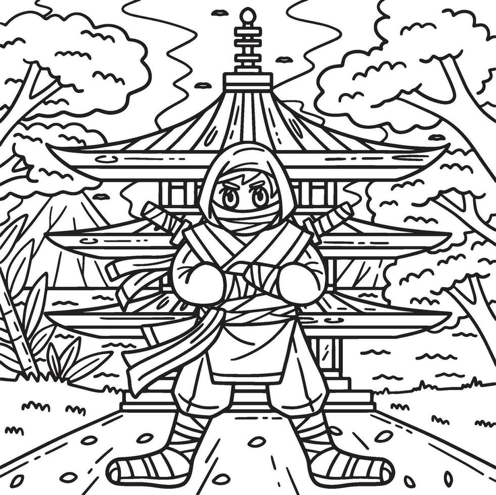 ninja en frente de pagoda colorante página para niños vector