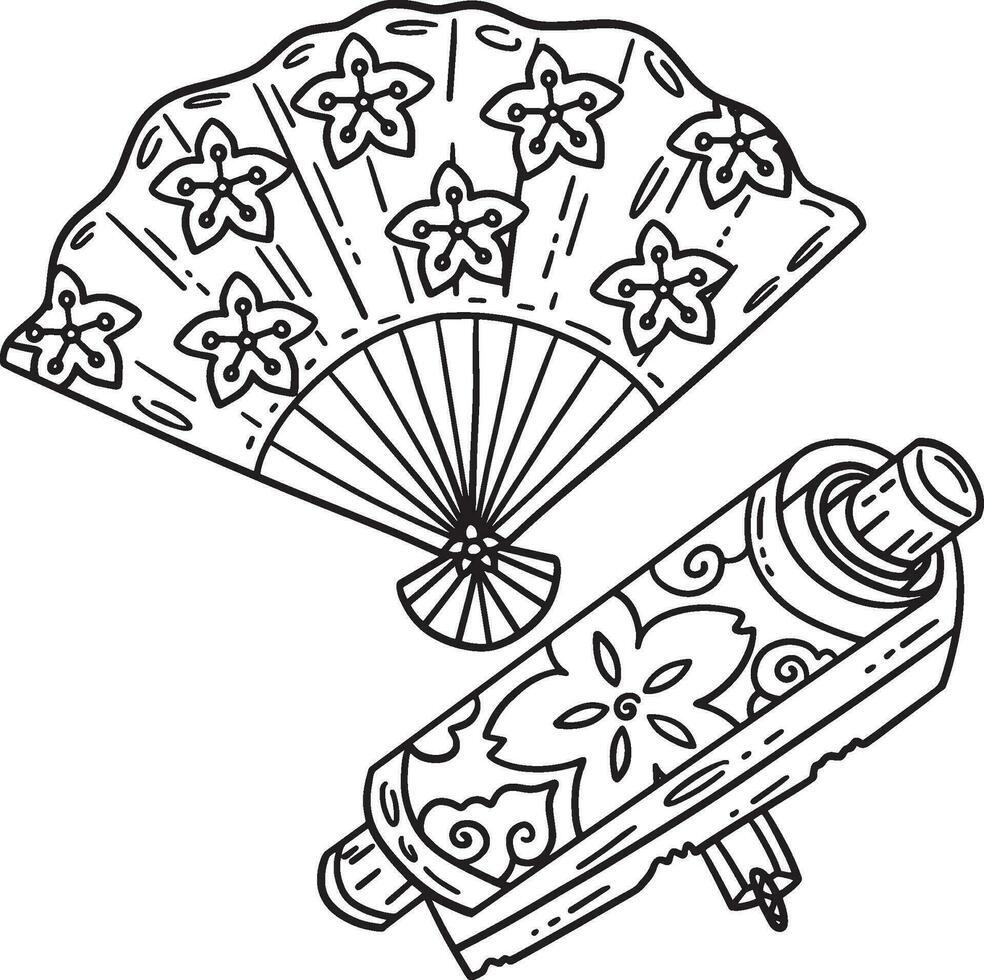 Ninja Scroll and Fan Isolated Coloring Page vector