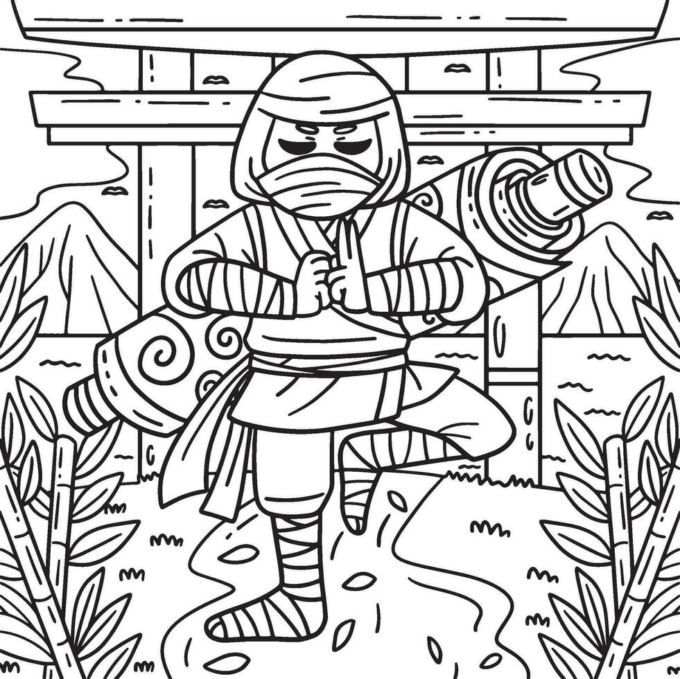 ninja con un Desplazarse en espalda colorante página para niños vector