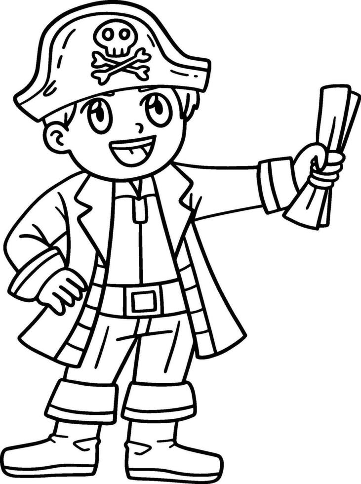 Pirate with Treasure Map Isolated Coloring Page vector