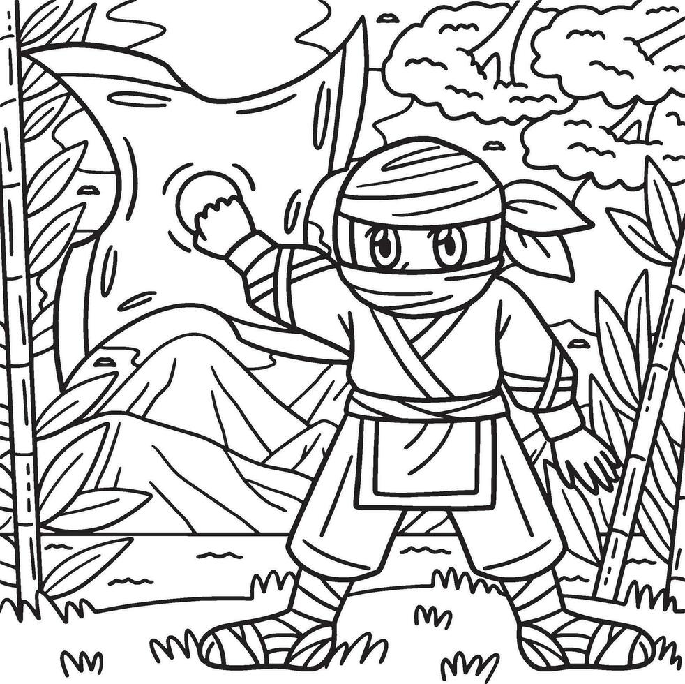 ninja con enorme shuriken colorante página para niños vector