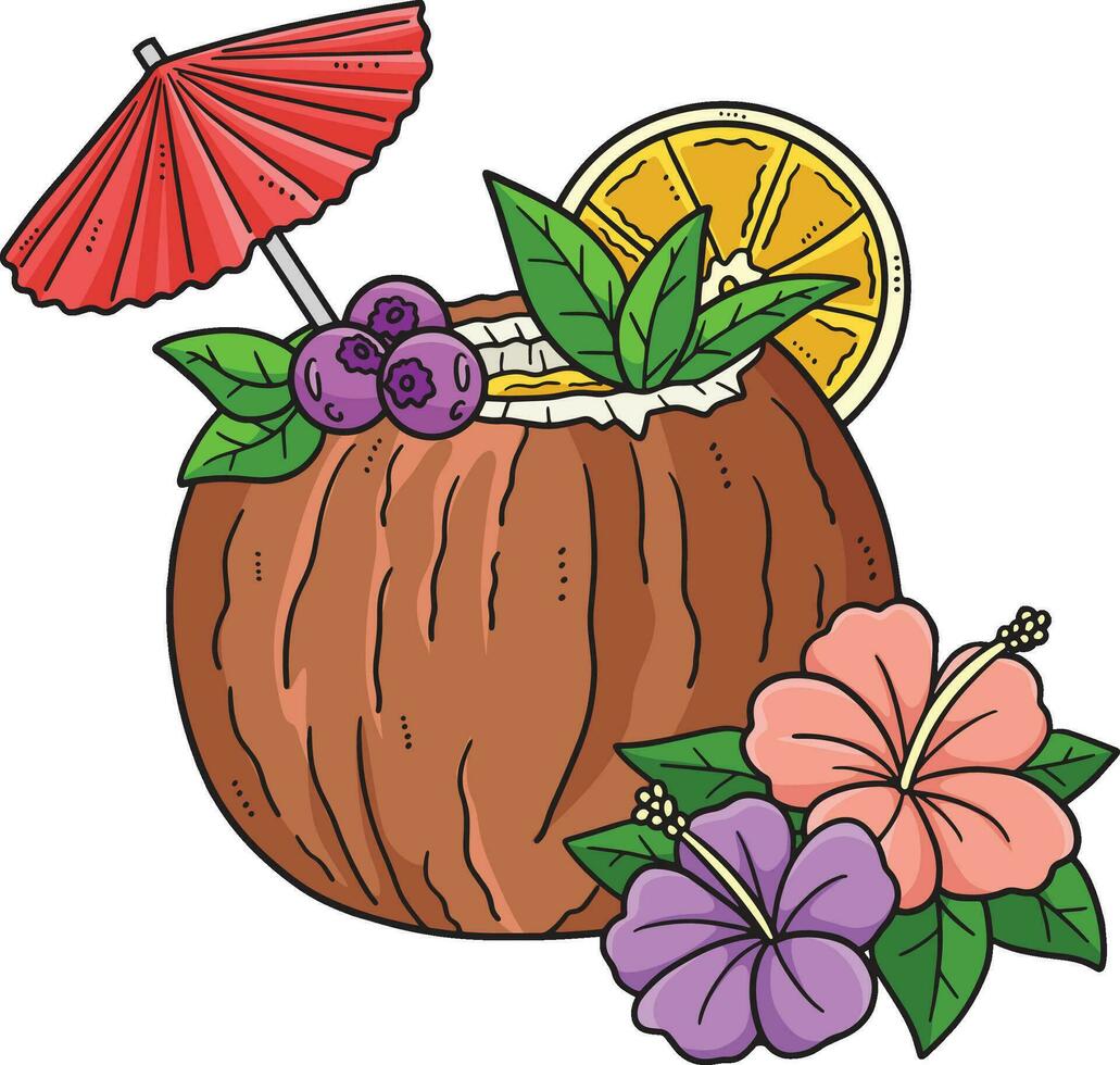 Coconut Cocktail Cartoon Colored Clipart vector