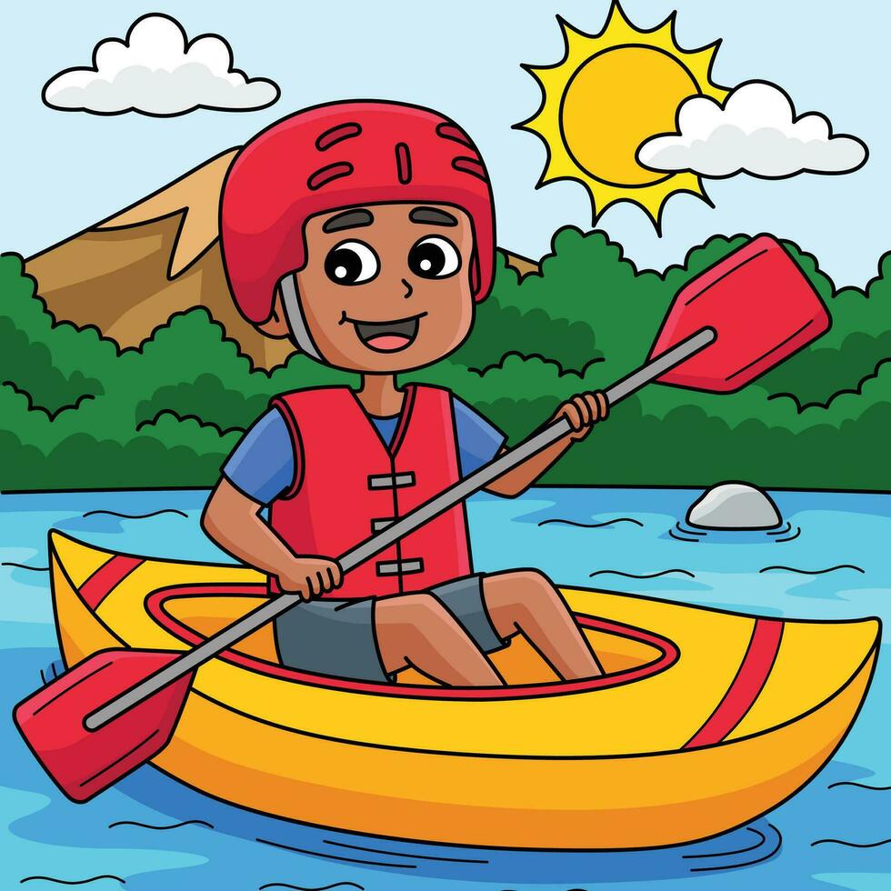 Boy Kayaking in Summer Colored Cartoon vector