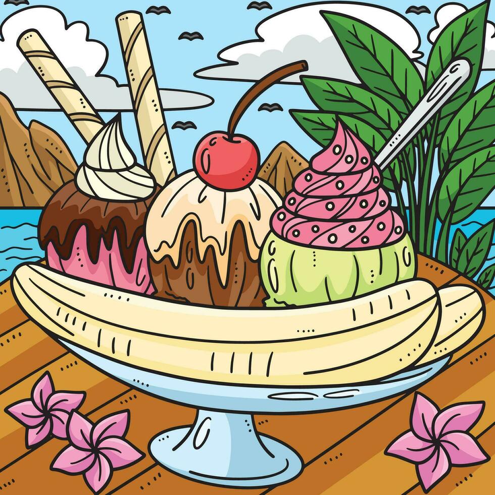 Summer Banana Split Colored Cartoon Illustration vector