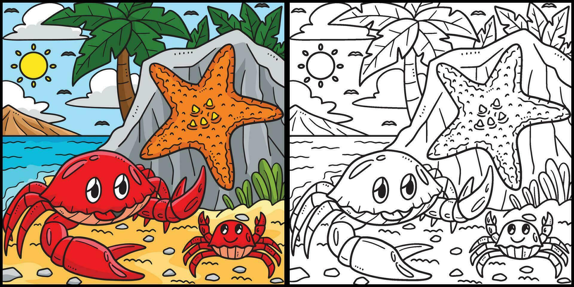 verano cangrejos y estrella de mar en apuntalar ilustración vector