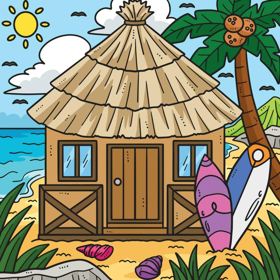 Summer Tropical Hut Colored Cartoon Illustration vector