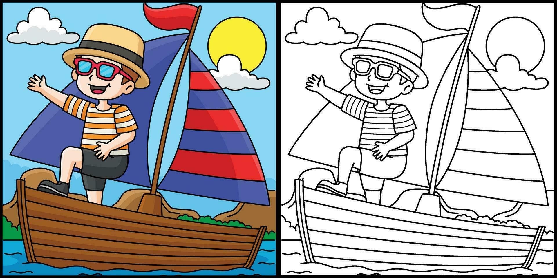 chico en el barco verano colorante página ilustración vector