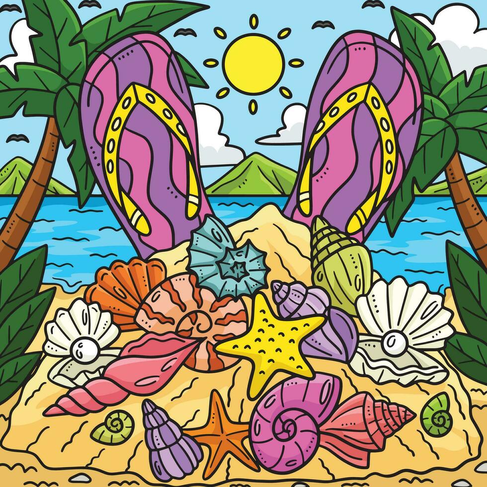 Summer Slippers and Seashells Colored Cartoon vector