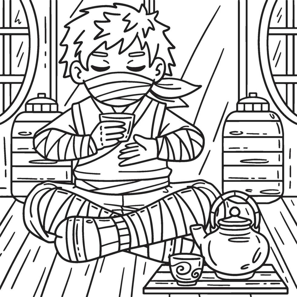 ninja Bebiendo té colorante página para niños vector