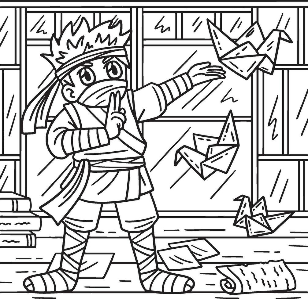 Ninja with Origami Coloring Page for Kids vector