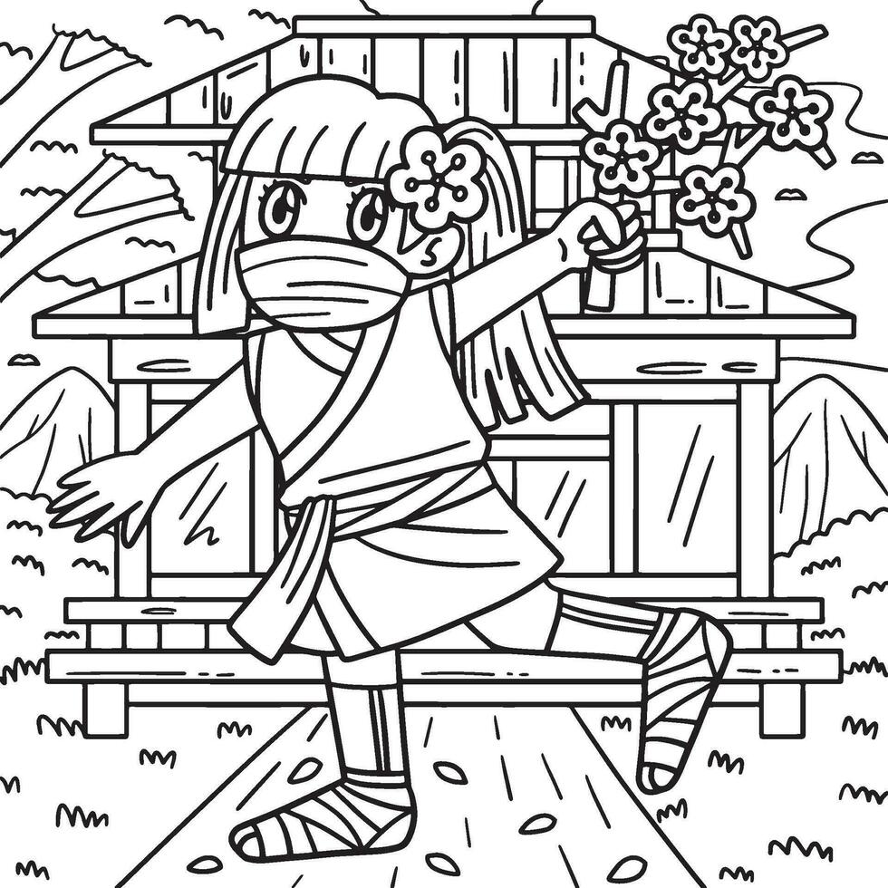 Ninja Kunoichi with Sakura Branch Coloring Page vector