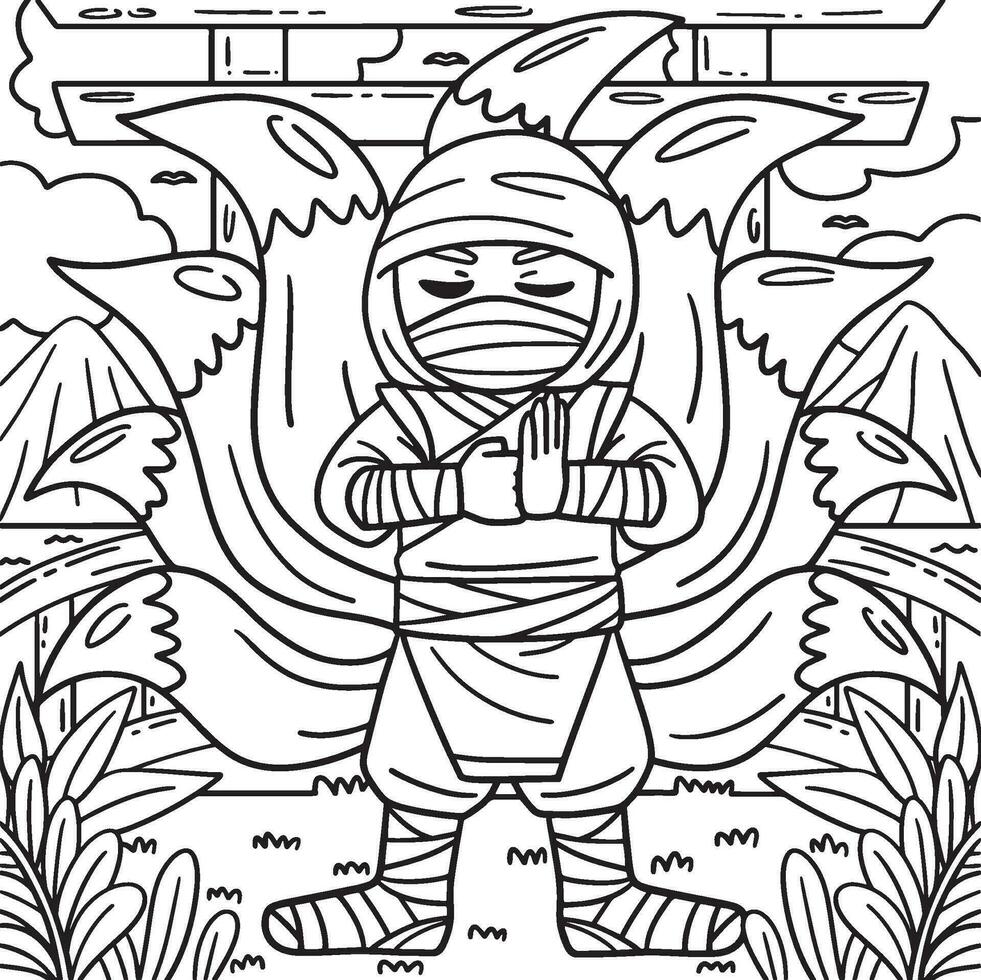 ninja con nueve cruz colorante página para niños vector