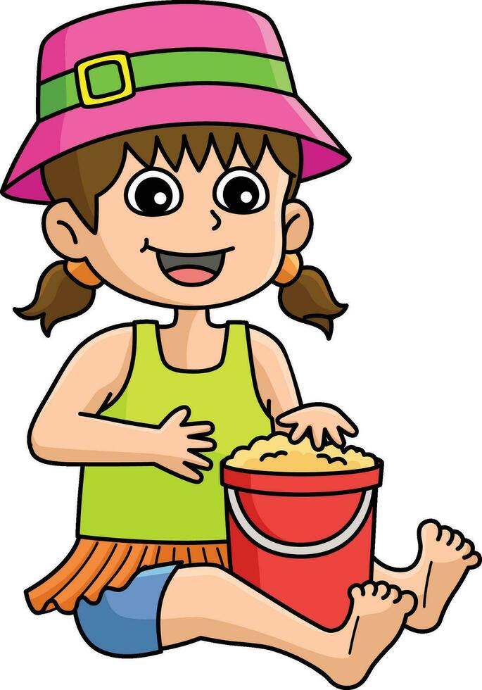 Girl Bucket of Sand Summer Cartoon Colored Clipart vector