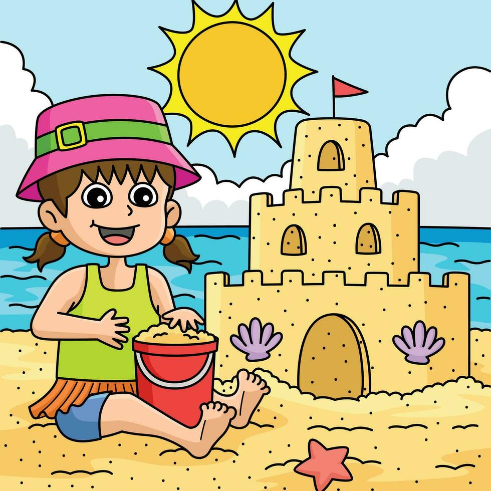 Girl Building a Sandcastle Summer Colored Cartoon vector