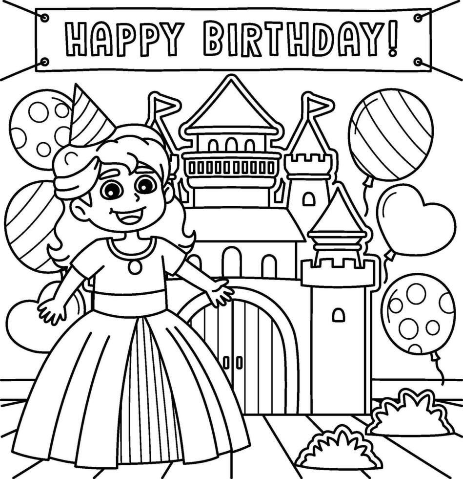 contento cumpleaños princesa colorante página para niños vector