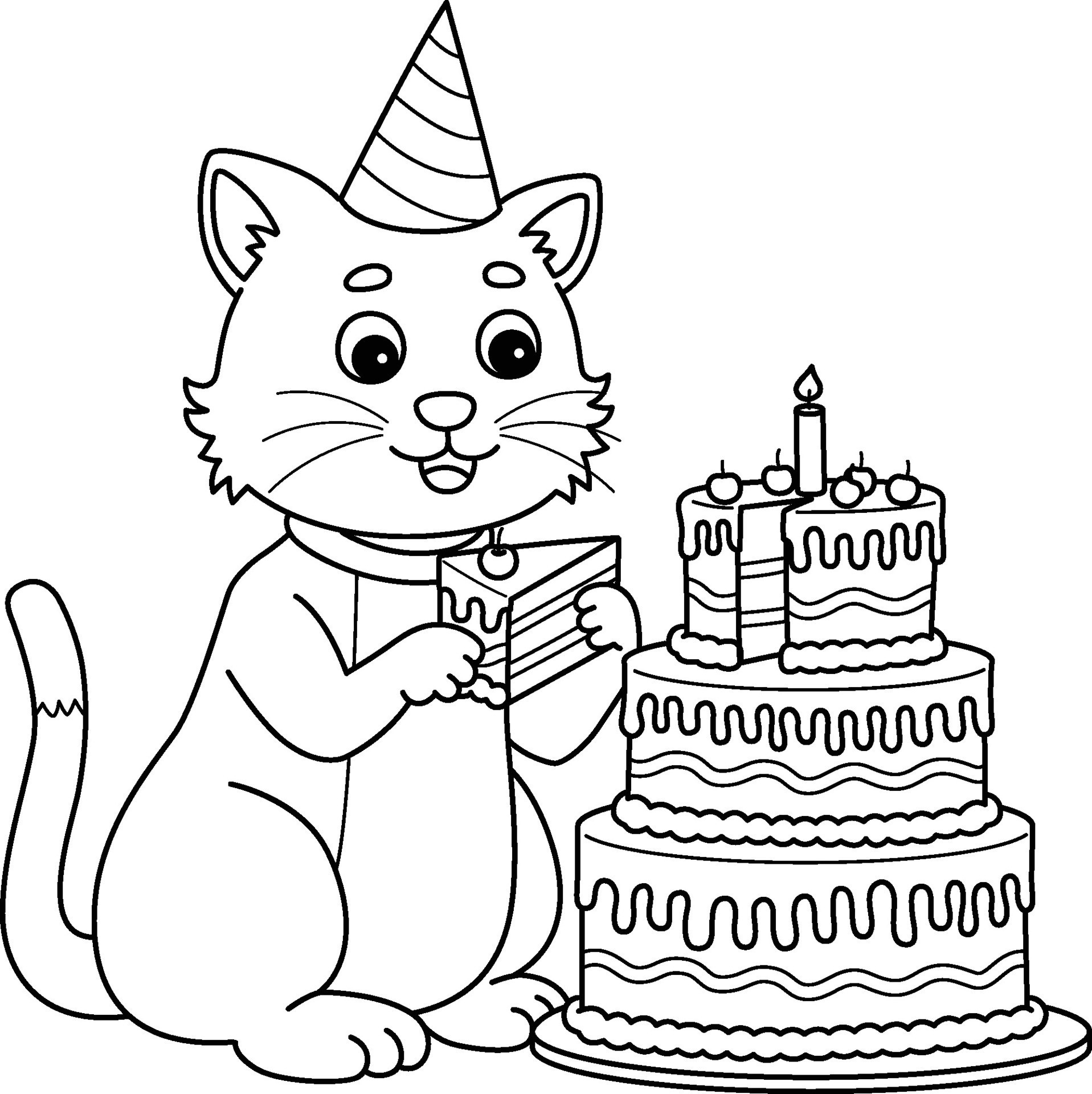 Cat with a Birthday Cake Isolated Coloring Page 27584556 Vector Art at ...