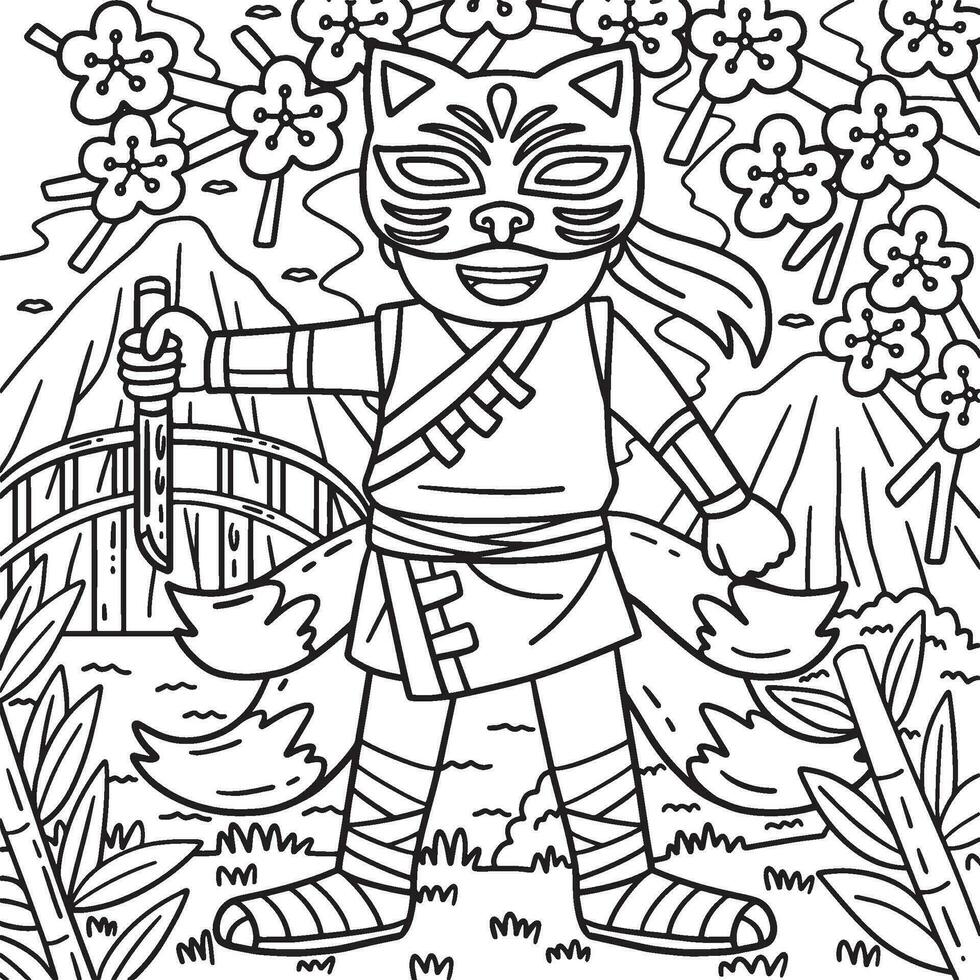 ninja con kitsune máscara y cola colorante página vector