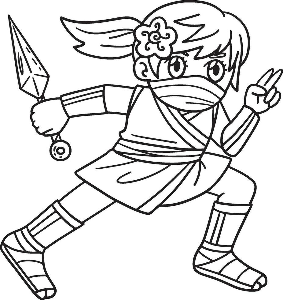 Ninja Kunoichi with Kunai Isolated Coloring Page vector