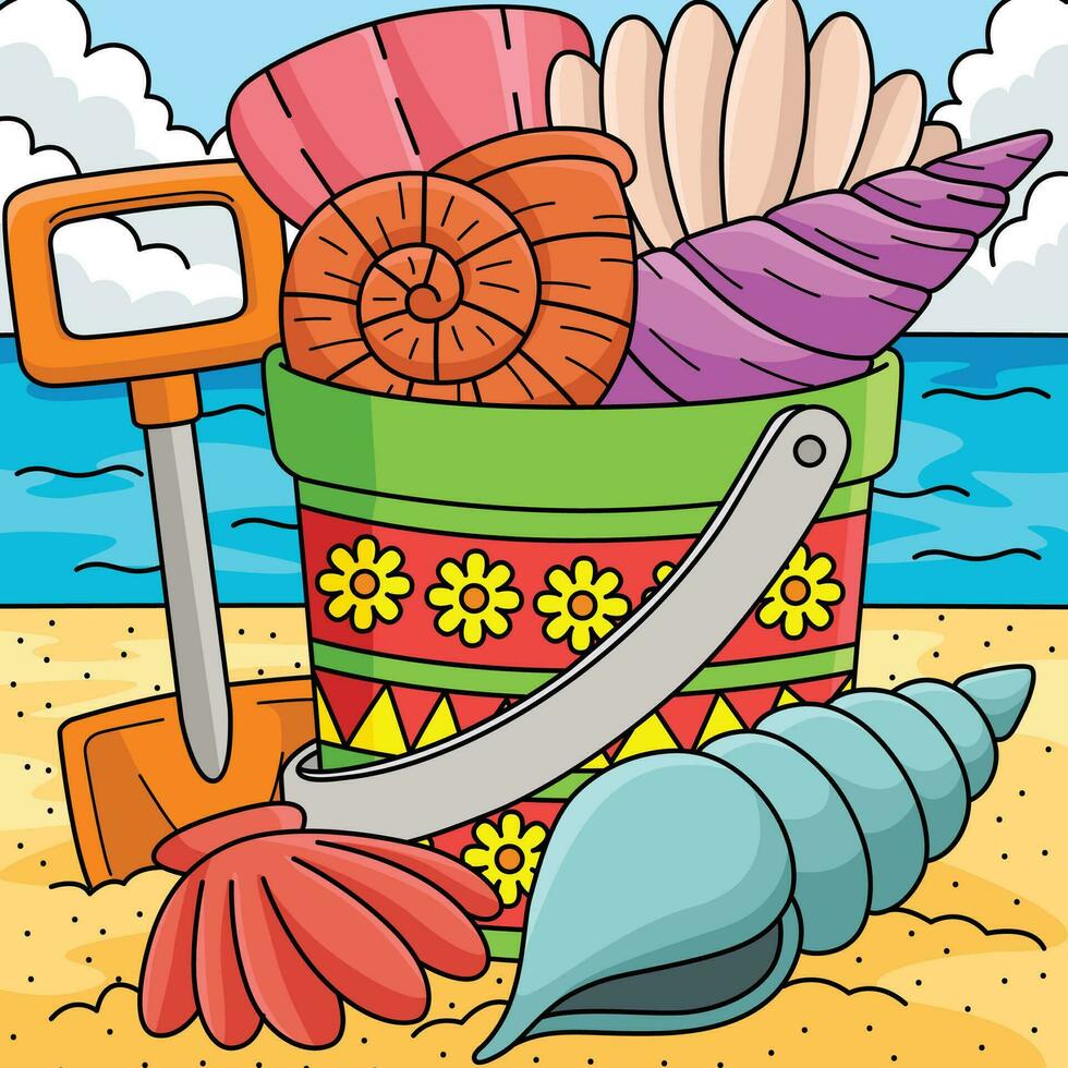 Bucket of Seashells Summer Colored Cartoon vector