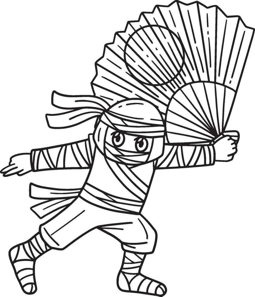 Ninja with a Large Fan Isolated Coloring Page vector