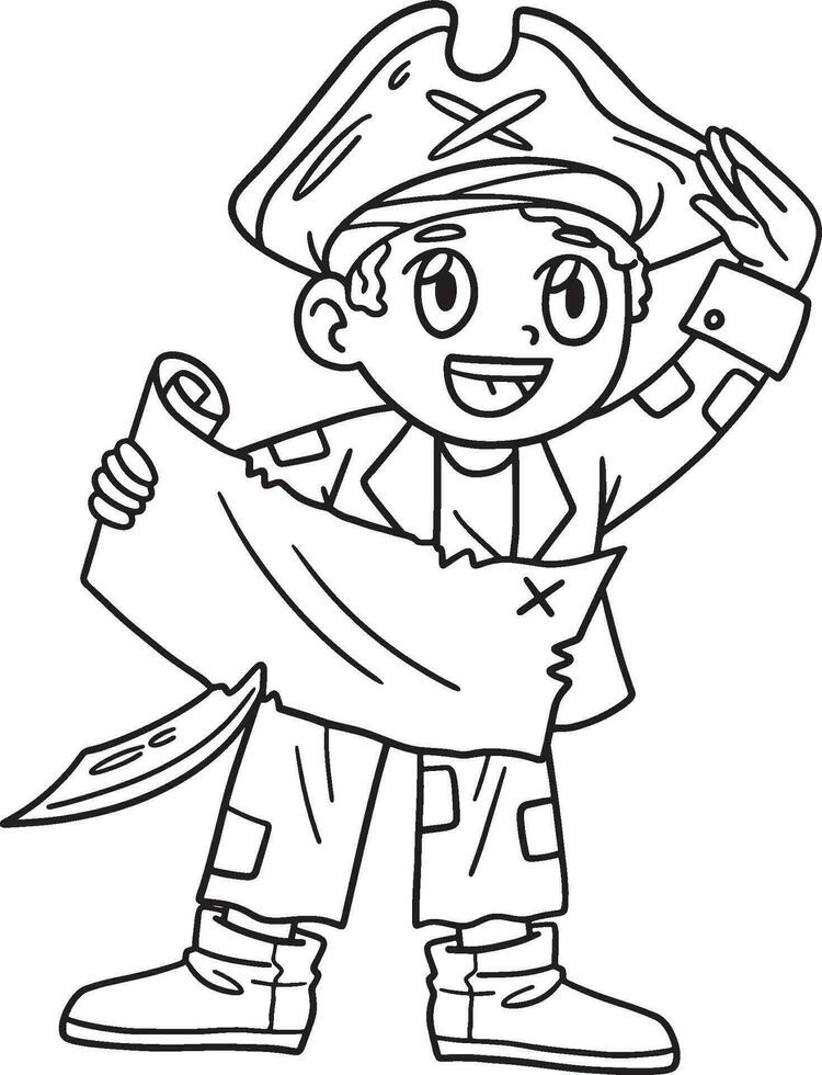 Pirate with Treasure Map Isolated Coloring Page vector