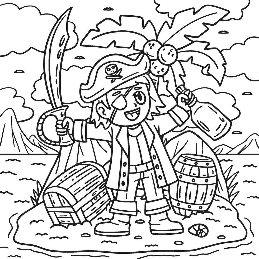 Pirate Captain on an Island Coloring Page for Kids vector