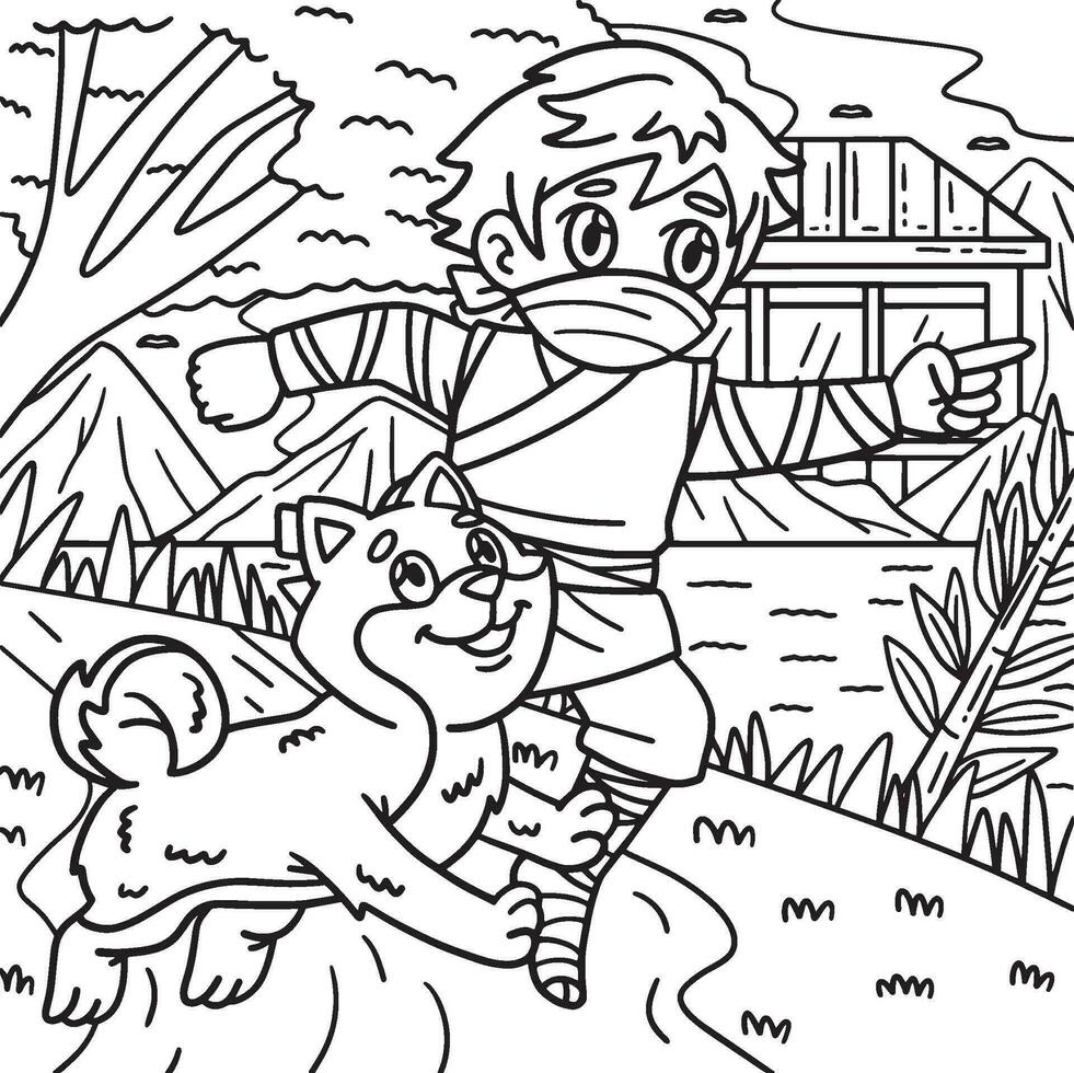 ninja y shiba inu colorante página para niños vector