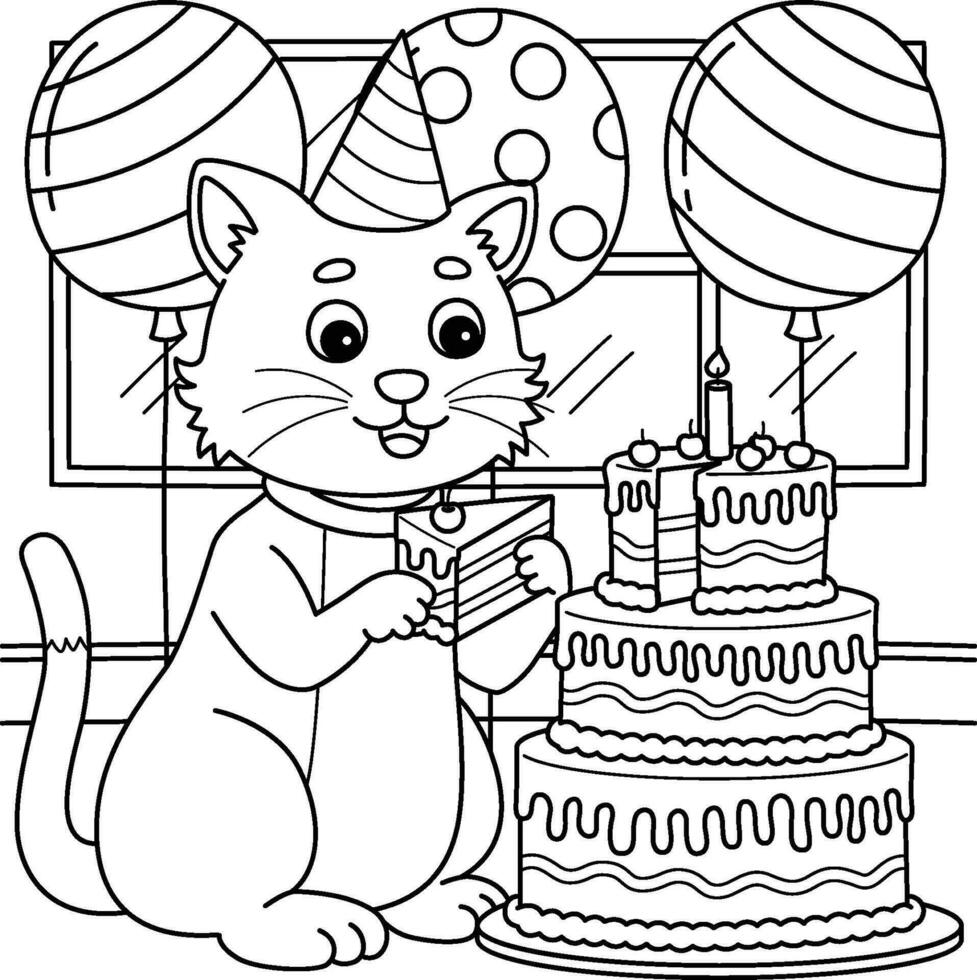 Cat with a Birthday Cake Coloring Page for Kids vector