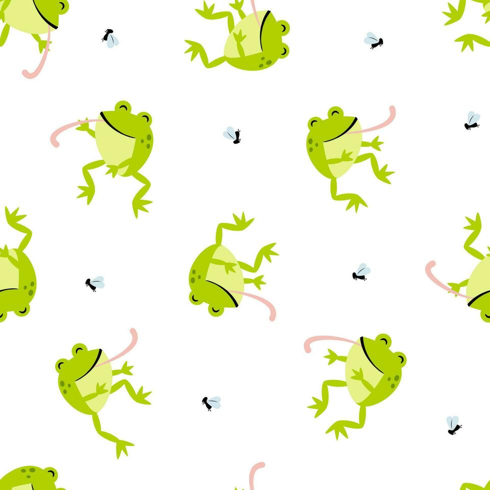 Seamless pattern with cute frog and insects. vector