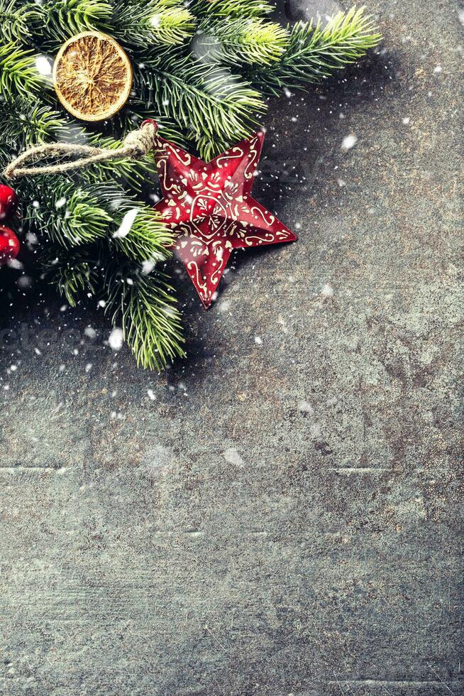 Christmas star spruce branches and cones on dark board photo